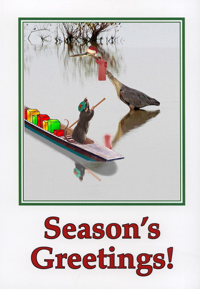 great blue heron and friend with holiday greetings