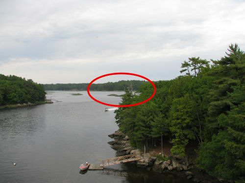 area where osprey and eagle were seen on platforms in the Sasanoa River, from the Woolwich-Arrowsic Bridge